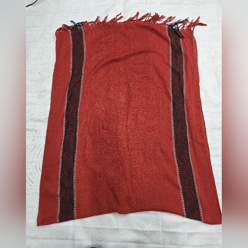Vintage Rust Diamond Weave Boho Shawl - Oversized Fringe Wrap - AS IS - Picture 2 of 8